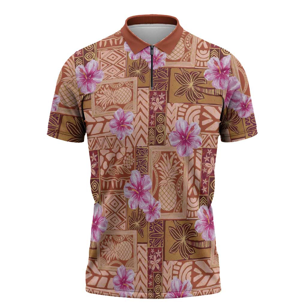 Orange Hawaii Hibiscus With Tropical Flowers Motifs Zipper Polo Shirt - Polynesian Pride