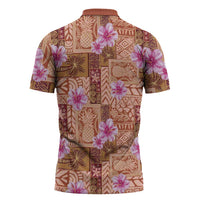 Orange Hawaii Hibiscus With Tropical Flowers Motifs Zipper Polo Shirt - Polynesian Pride