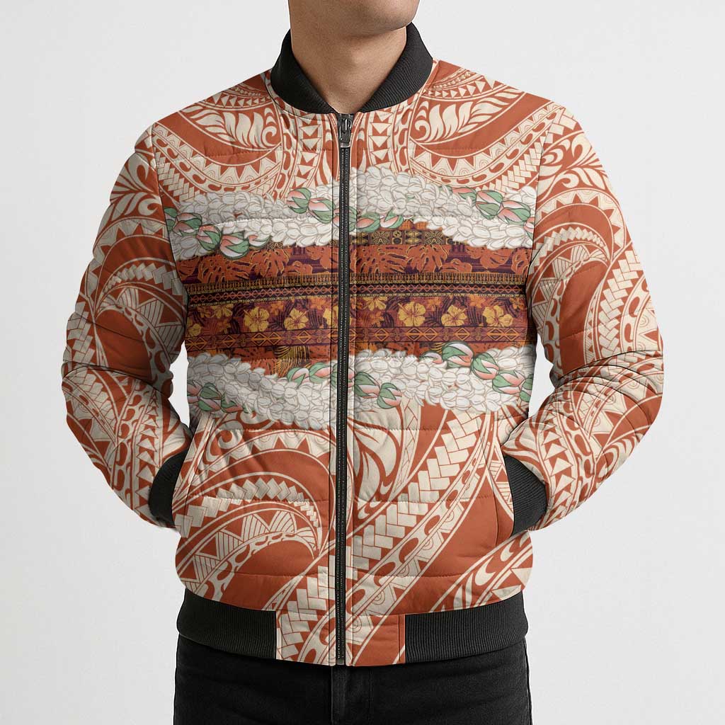 Aloha Hawaii Mikioi Lei Bomber Puffer Jacket Beige Tropical Flower Pattern - Polynesian Pride