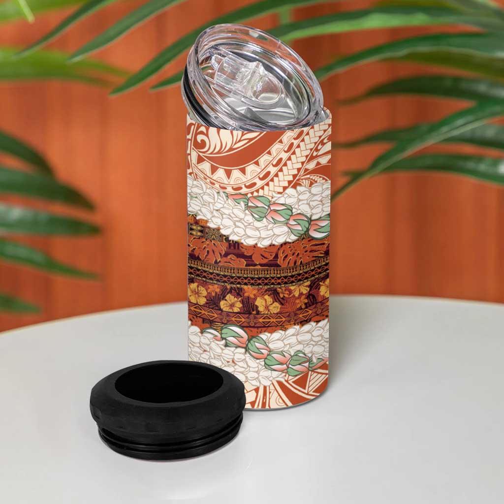 Aloha Hawaii Mikioi Lei 4 in 1 Can Cooler Tumbler Beige Tropical Flower Pattern - Polynesian Pride