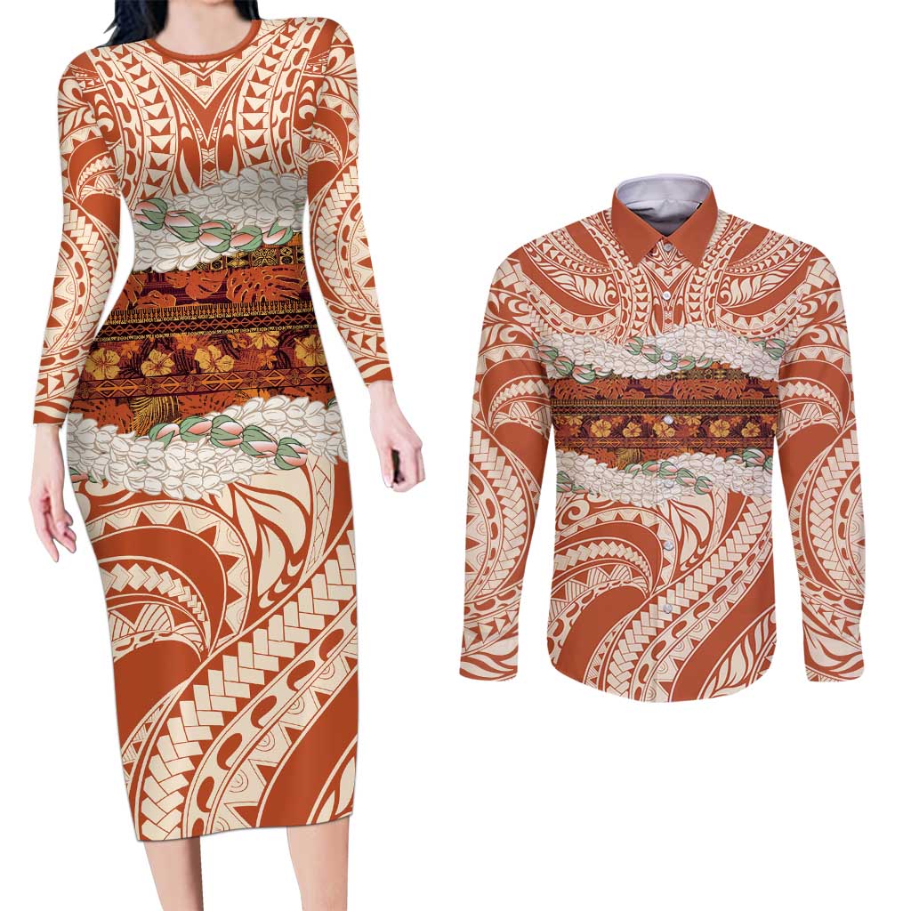 Aloha Hawaii Mikioi Lei Couples Matching Long Sleeve Bodycon Dress and Long Sleeve Button Shirt Beige Tropical Flower Pattern - Polynesian Pride