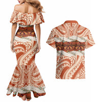 Aloha Hawaii Mikioi Lei Couples Matching Mermaid Dress and Hawaiian Shirt Beige Tropical Flower Pattern - Polynesian Pride