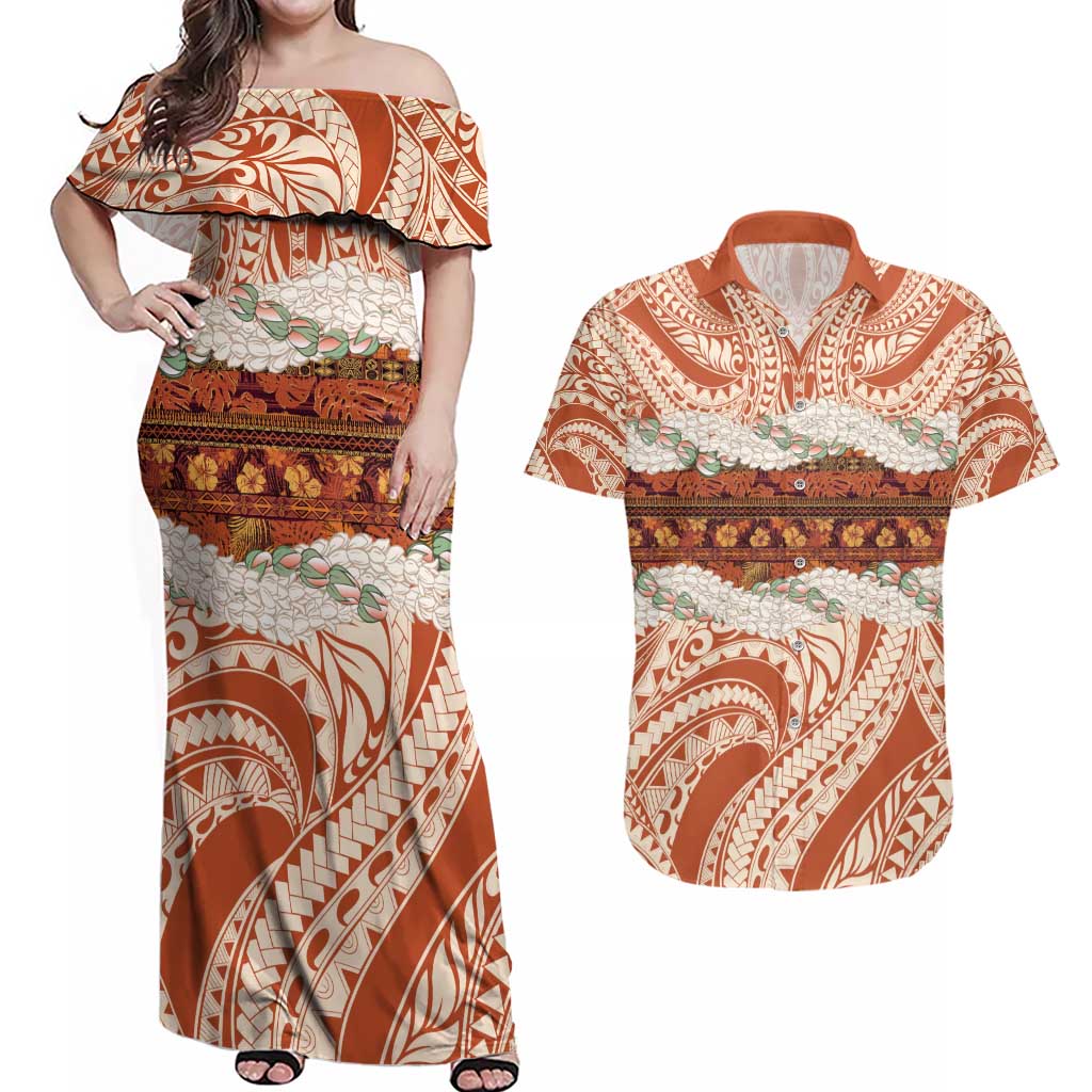 Aloha Hawaii Mikioi Lei Couples Matching Off Shoulder Maxi Dress and Hawaiian Shirt Beige Tropical Flower Pattern - Polynesian Pride