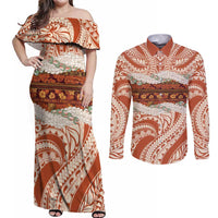 Aloha Hawaii Mikioi Lei Couples Matching Off Shoulder Maxi Dress and Long Sleeve Button Shirt Beige Tropical Flower Pattern - Polynesian Pride