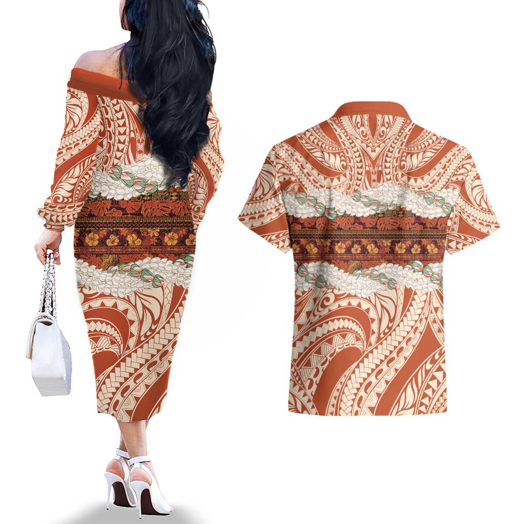Aloha Hawaii Mikioi Lei Couples Matching Off The Shoulder Long Sleeve Dress and Hawaiian Shirt Beige Tropical Flower Pattern - Polynesian Pride