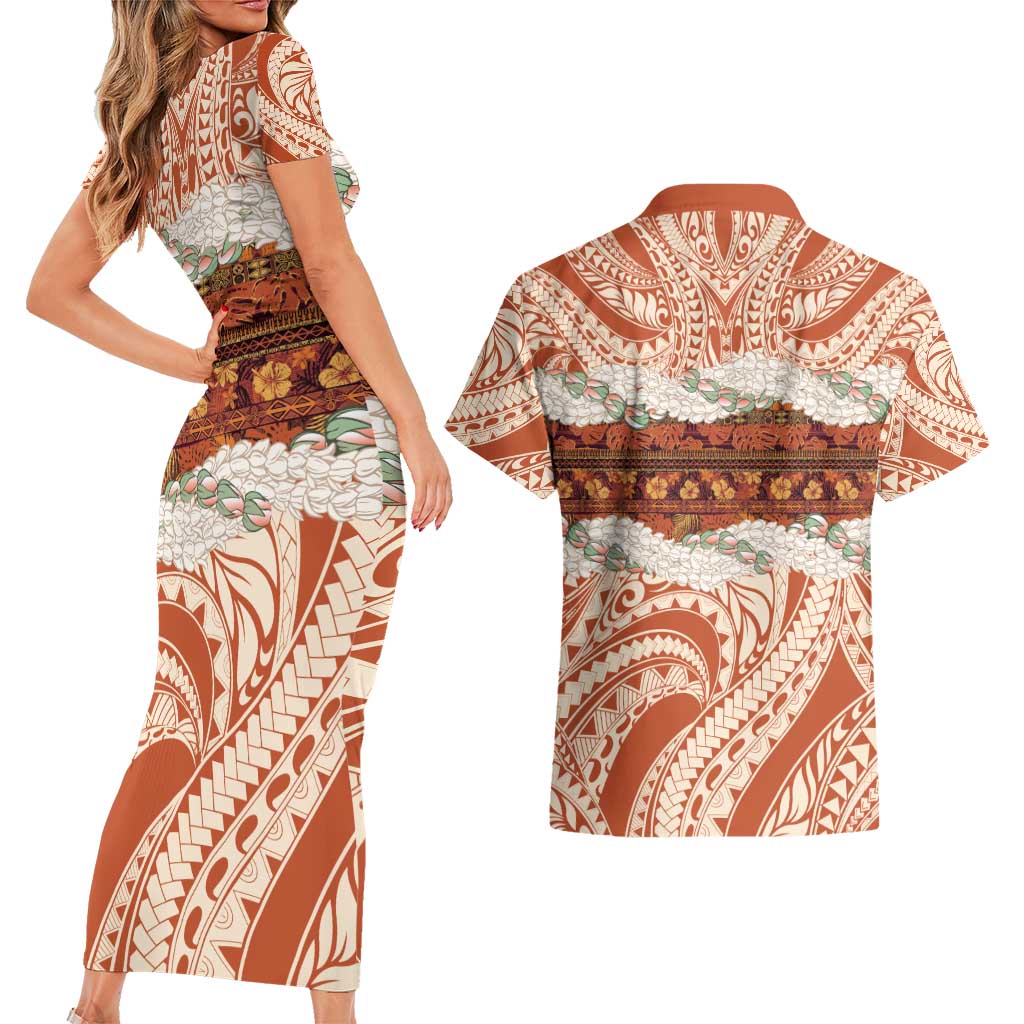 Aloha Hawaii Mikioi Lei Couples Matching Short Sleeve Bodycon Dress and Hawaiian Shirt Beige Tropical Flower Pattern - Polynesian Pride