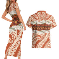 Aloha Hawaii Mikioi Lei Couples Matching Short Sleeve Bodycon Dress and Hawaiian Shirt Beige Tropical Flower Pattern - Polynesian Pride