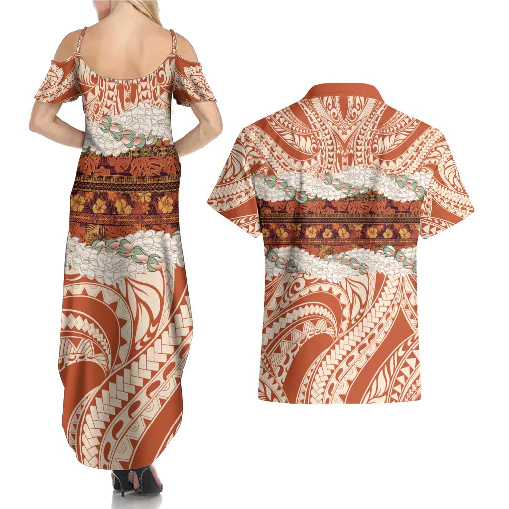 Aloha Hawaii Mikioi Lei Couples Matching Summer Maxi Dress and Hawaiian Shirt Beige Tropical Flower Pattern - Polynesian Pride