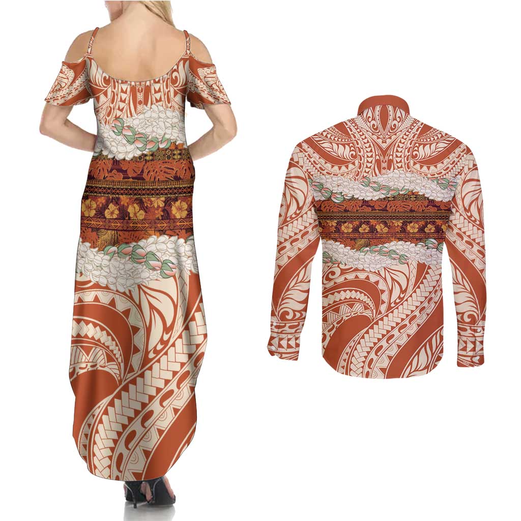 Aloha Hawaii Mikioi Lei Couples Matching Summer Maxi Dress and Long Sleeve Button Shirt Beige Tropical Flower Pattern - Polynesian Pride