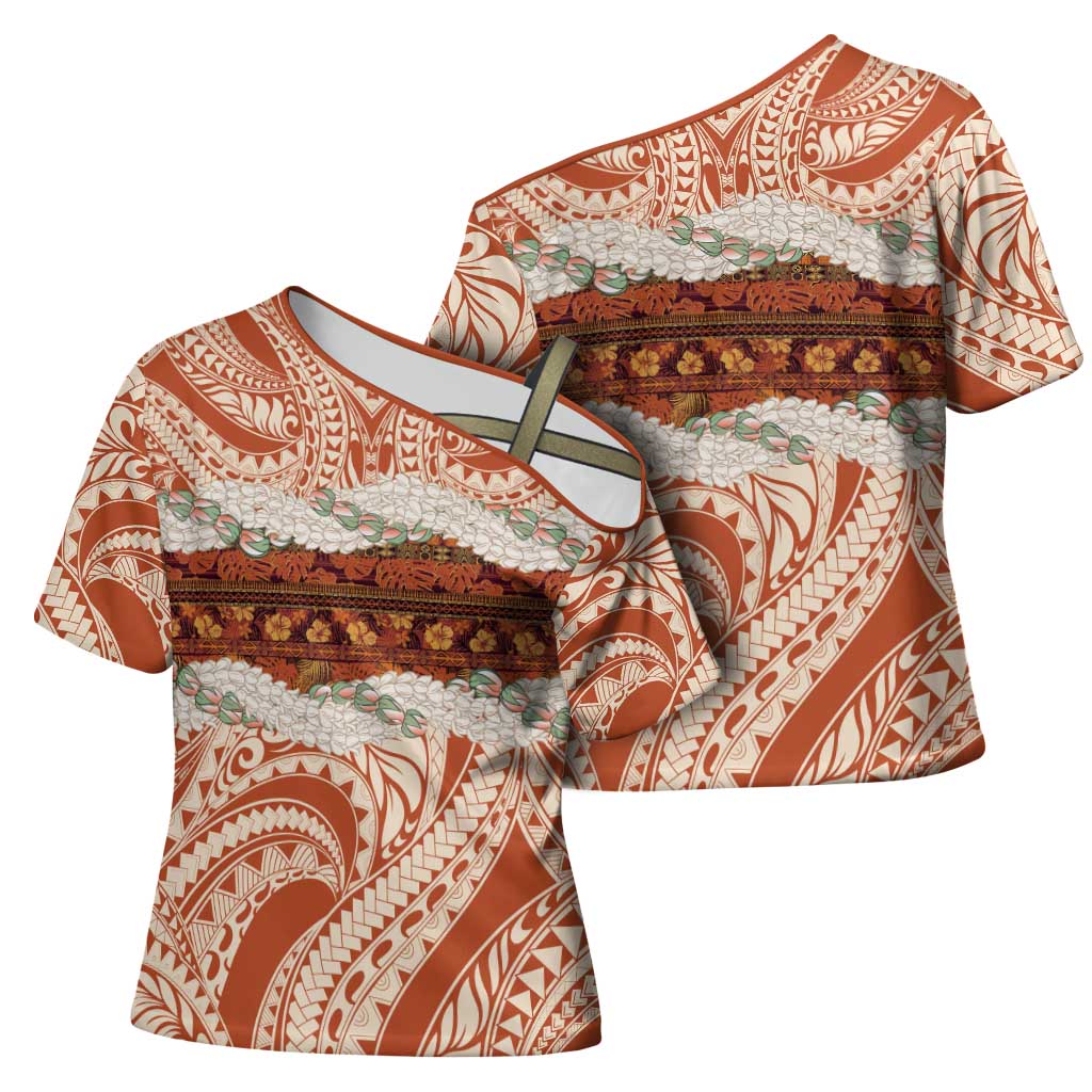 Aloha Hawaii Mikioi Lei Cross Shoulder Shirt Beige Tropical Flower Pattern - Polynesian Pride