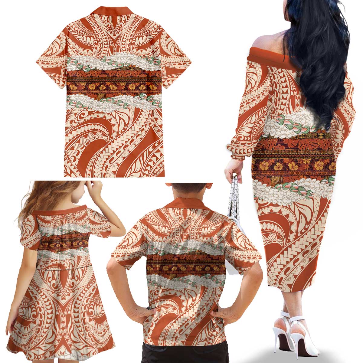 Aloha Hawaii Mikioi Lei Family Matching Off The Shoulder Long Sleeve Dress and Hawaiian Shirt Beige Tropical Flower Pattern - Polynesian Pride