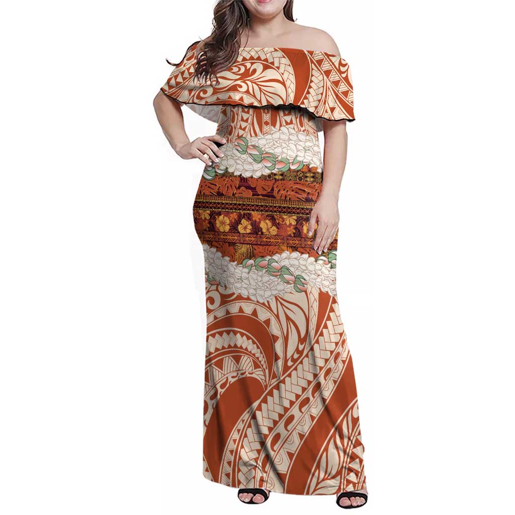 Aloha Hawaii Mikioi Lei Family Matching Off Shoulder Maxi Dress and Hawaiian Shirt Beige Tropical Flower Pattern - Polynesian Pride