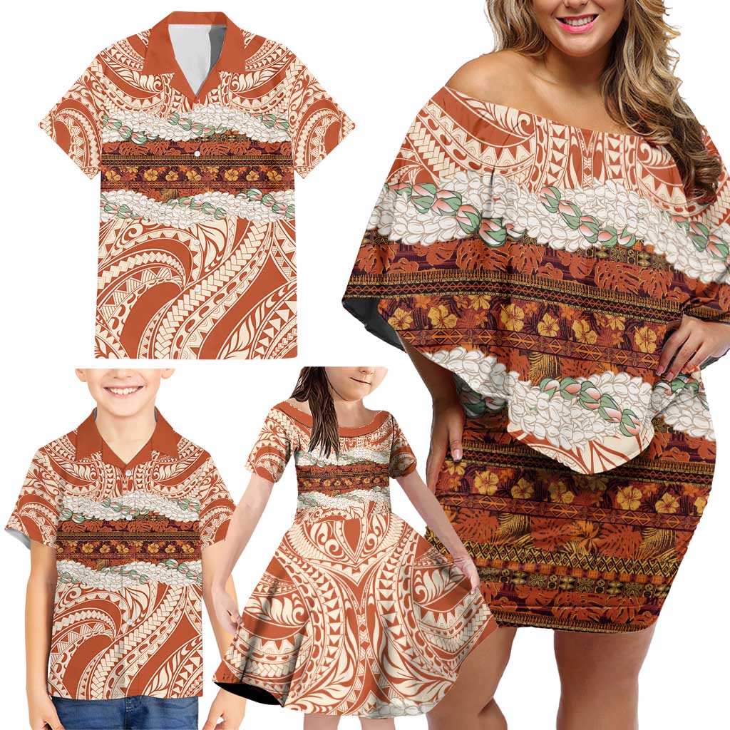 Aloha Hawaii Mikioi Lei Family Matching Off Shoulder Short Dress and Hawaiian Shirt Beige Tropical Flower Pattern - Polynesian Pride