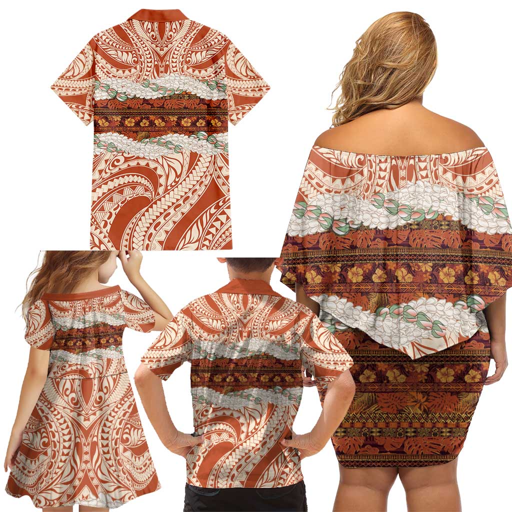 Aloha Hawaii Mikioi Lei Family Matching Off Shoulder Short Dress and Hawaiian Shirt Beige Tropical Flower Pattern - Polynesian Pride