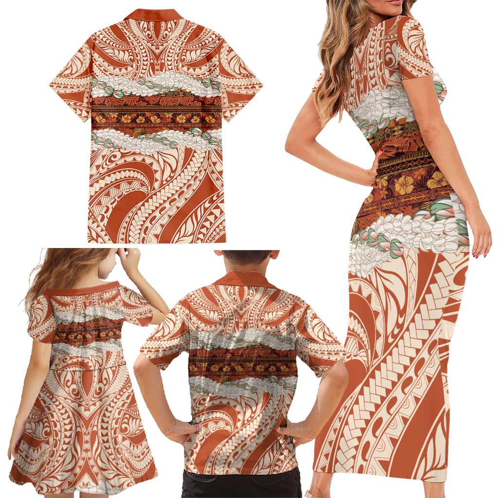 Aloha Hawaii Mikioi Lei Family Matching Short Sleeve Bodycon Dress and Hawaiian Shirt Beige Tropical Flower Pattern - Polynesian Pride