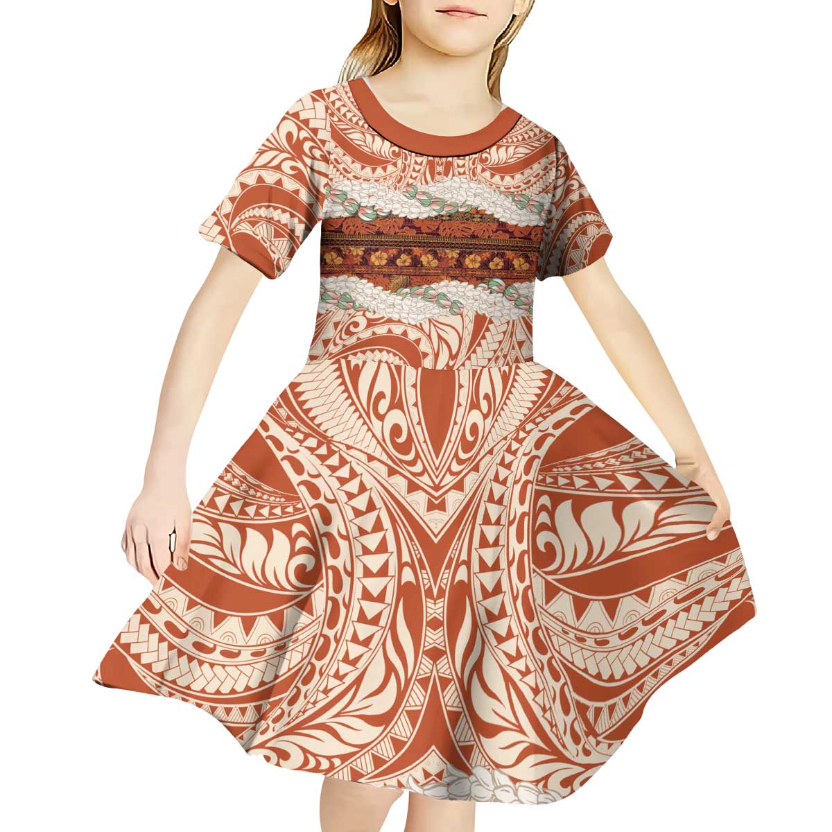 Aloha Hawaii Mikioi Lei Kid Short Sleeve Dress Beige Tropical Flower Pattern - Polynesian Pride