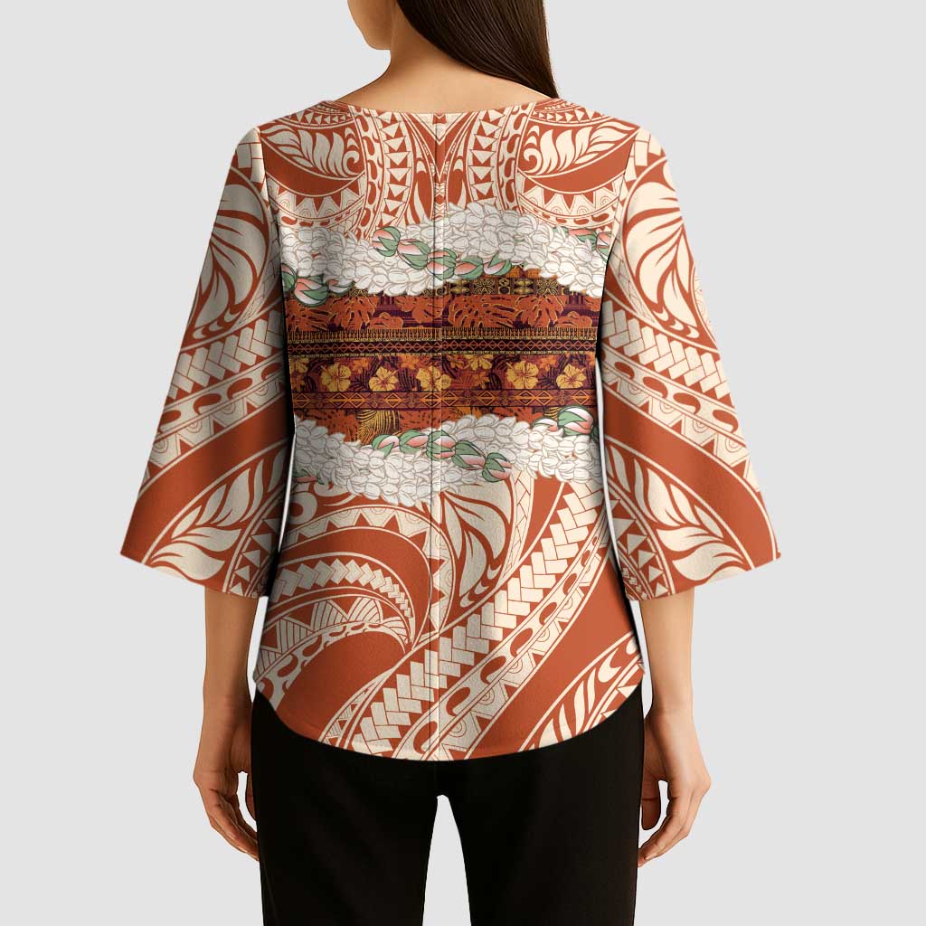Aloha Hawaii Mikioi Lei Kimono Sleeve Blouse Beige Tropical Flower Pattern - Polynesian Pride