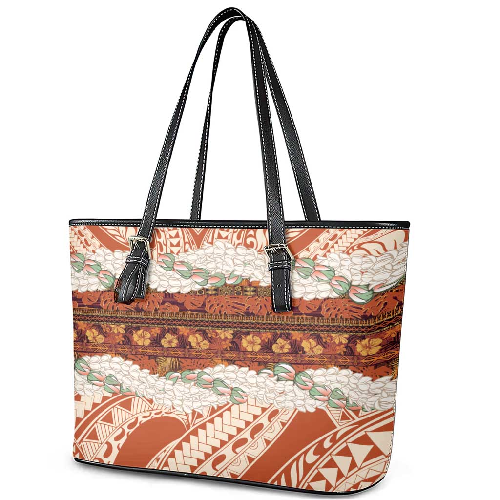 Aloha Hawaii Mikioi Lei Leather Tote Bag Beige Tropical Flower Pattern - Polynesian Pride