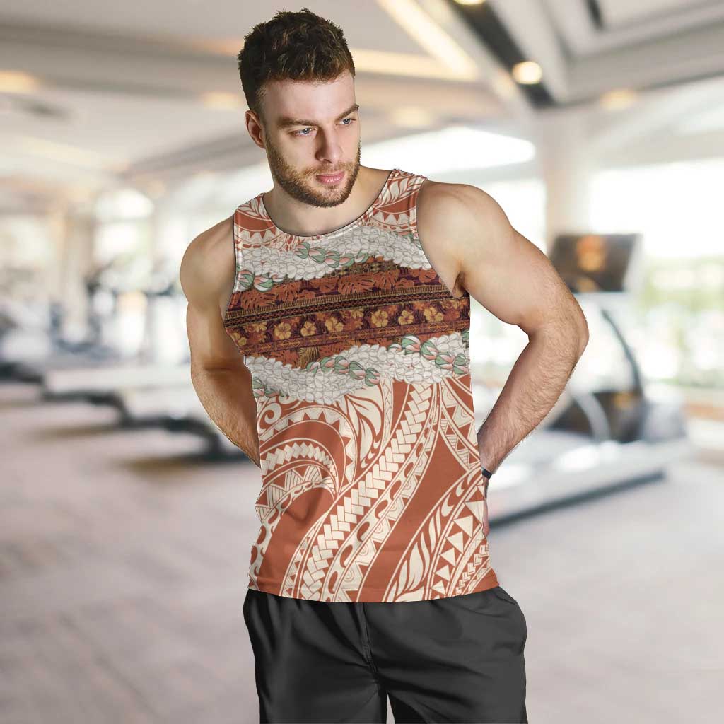 Aloha Hawaii Mikioi Lei Men Tank Top Beige Tropical Flower Pattern - Polynesian Pride