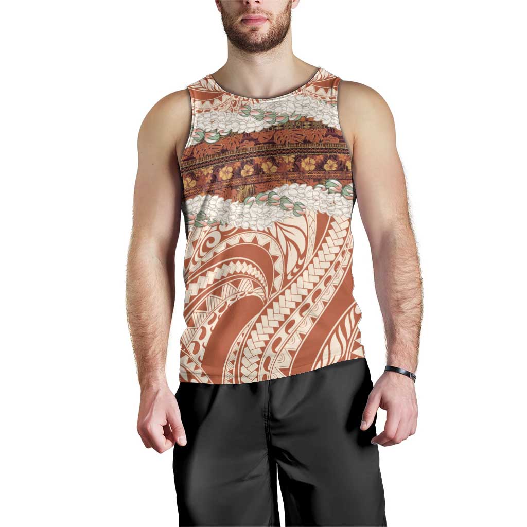 Aloha Hawaii Mikioi Lei Men Tank Top Beige Tropical Flower Pattern - Polynesian Pride