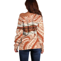 Aloha Hawaii Mikioi Lei Off Shoulder Sweater Beige Tropical Flower Pattern - Polynesian Pride