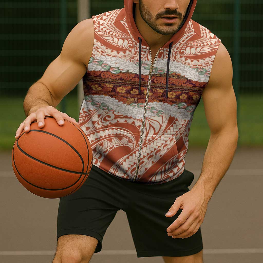 Aloha Hawaii Mikioi Lei Sleeveless Zip Hoodie Beige Tropical Flower Pattern - Polynesian Pride