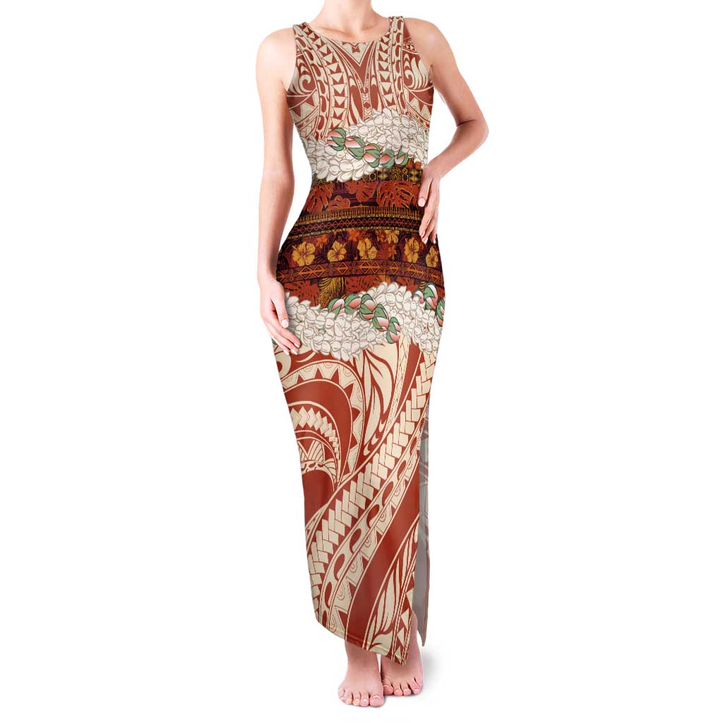 Aloha Hawaii Mikioi Lei Tank Maxi Dress Beige Tropical Flower Pattern - Polynesian Pride