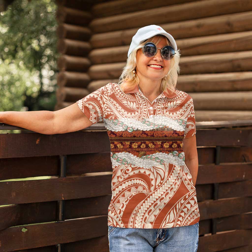 Aloha Hawaii Mikioi Lei Women Polo Shirt Beige Tropical Flower Pattern - Polynesian Pride