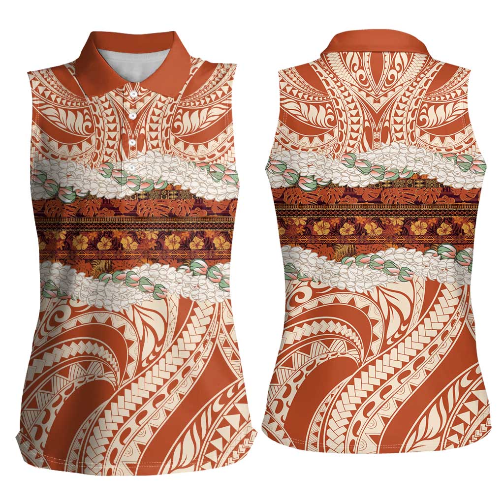 Aloha Hawaii Mikioi Lei Women Sleeveless Polo Shirt Beige Tropical Flower Pattern - Polynesian Pride