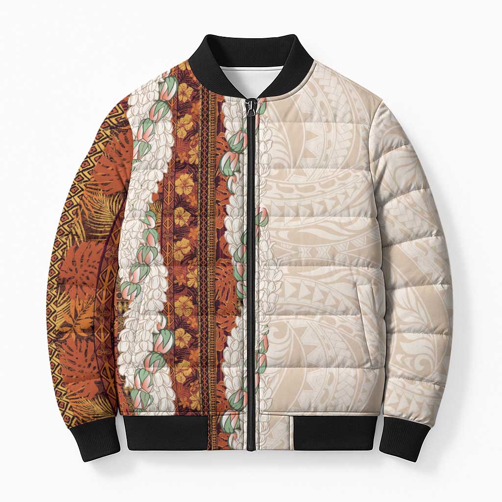 Aloha Hawaii Mikioi Lei Bomber Puffer Jacket Cattail Red Tropical Flower Pattern - Polynesian Pride