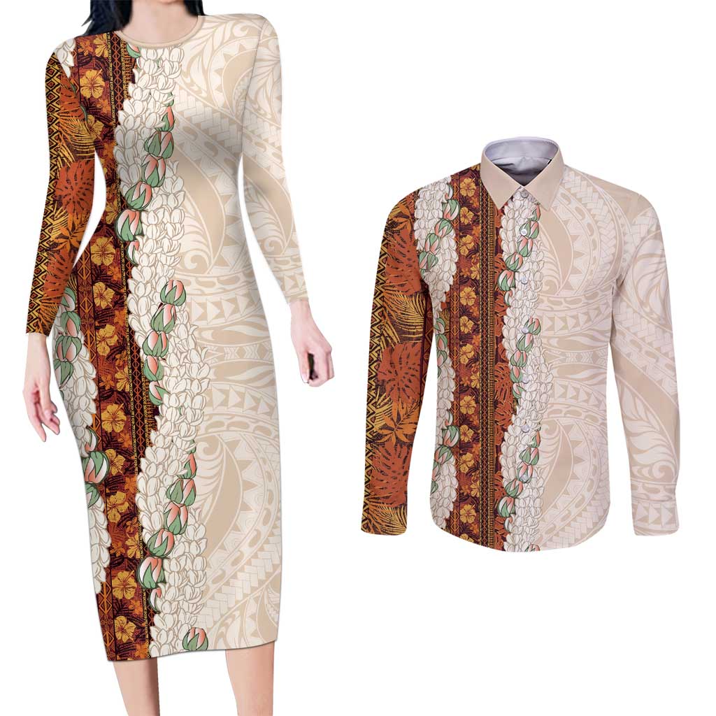 Aloha Hawaii Mikioi Lei Couples Matching Long Sleeve Bodycon Dress and Long Sleeve Button Shirt Cattail Red Tropical Flower Pattern - Polynesian Pride