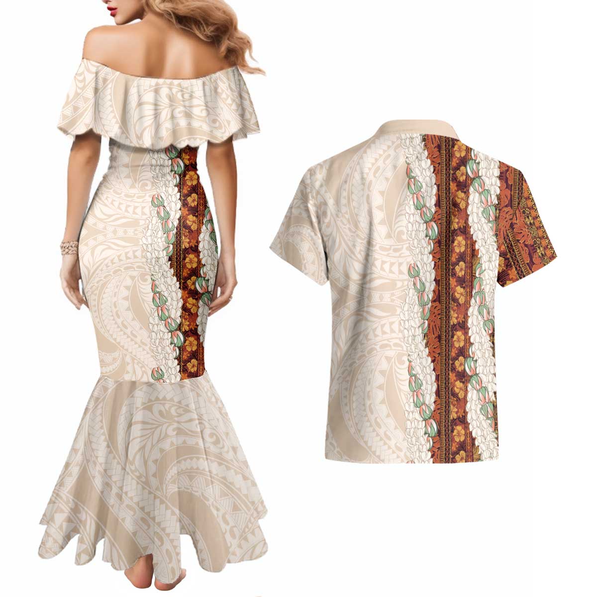Aloha Hawaii Mikioi Lei Couples Matching Mermaid Dress and Hawaiian Shirt Cattail Red Tropical Flower Pattern - Polynesian Pride