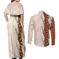 Aloha Hawaii Mikioi Lei Couples Matching Off Shoulder Maxi Dress and Long Sleeve Button Shirt Cattail Red Tropical Flower Pattern - Polynesian Pride