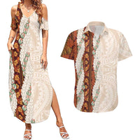 Aloha Hawaii Mikioi Lei Couples Matching Summer Maxi Dress and Hawaiian Shirt Cattail Red Tropical Flower Pattern - Polynesian Pride