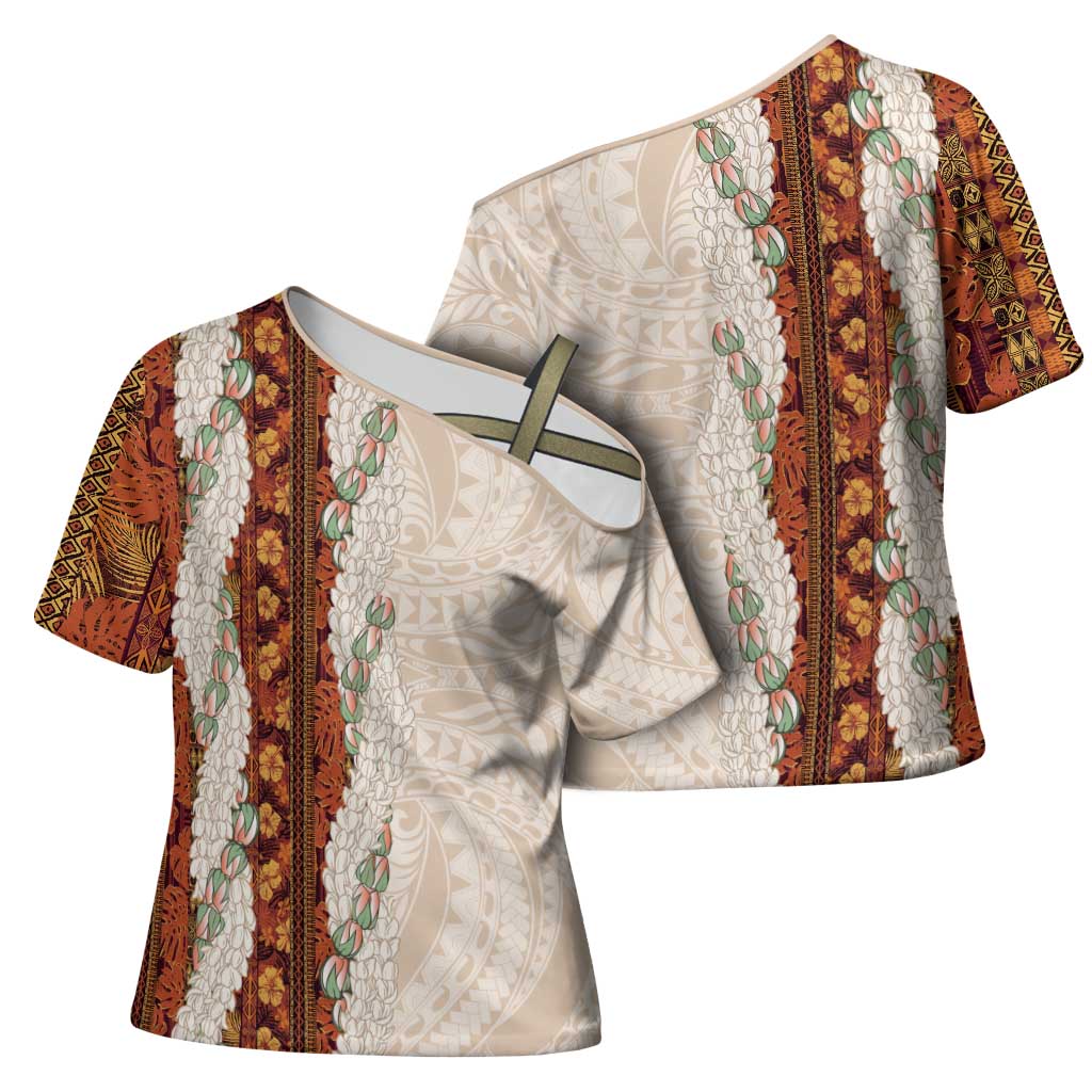 Aloha Hawaii Mikioi Lei Cross Shoulder Shirt Cattail Red Tropical Flower Pattern - Polynesian Pride