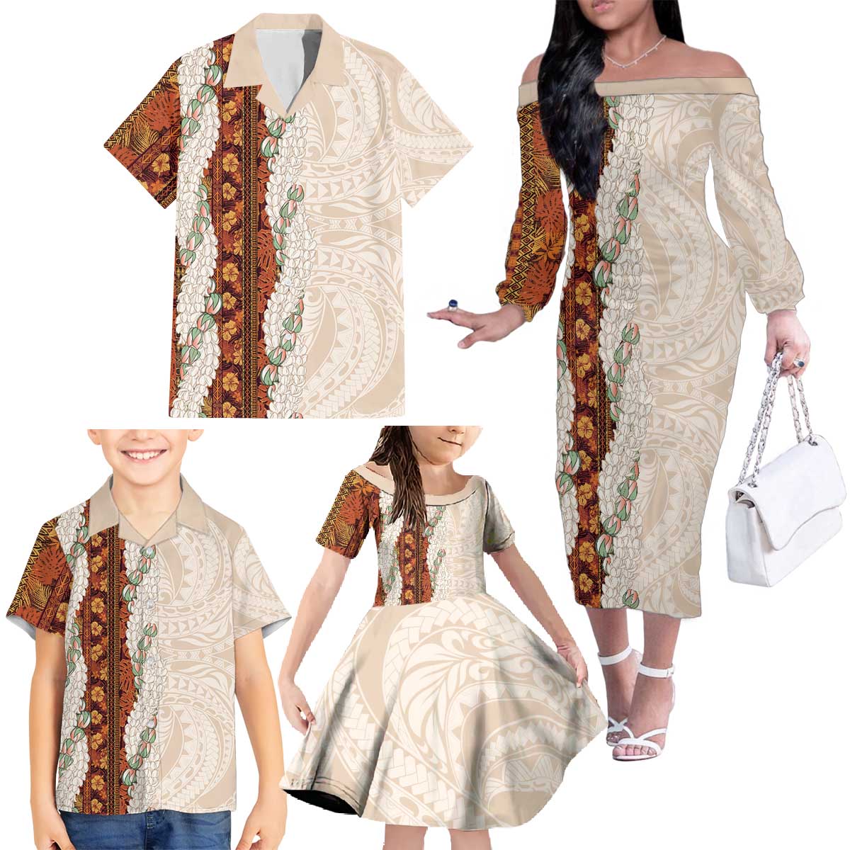 Aloha Hawaii Mikioi Lei Family Matching Off The Shoulder Long Sleeve Dress and Hawaiian Shirt Cattail Red Tropical Flower Pattern - Polynesian Pride