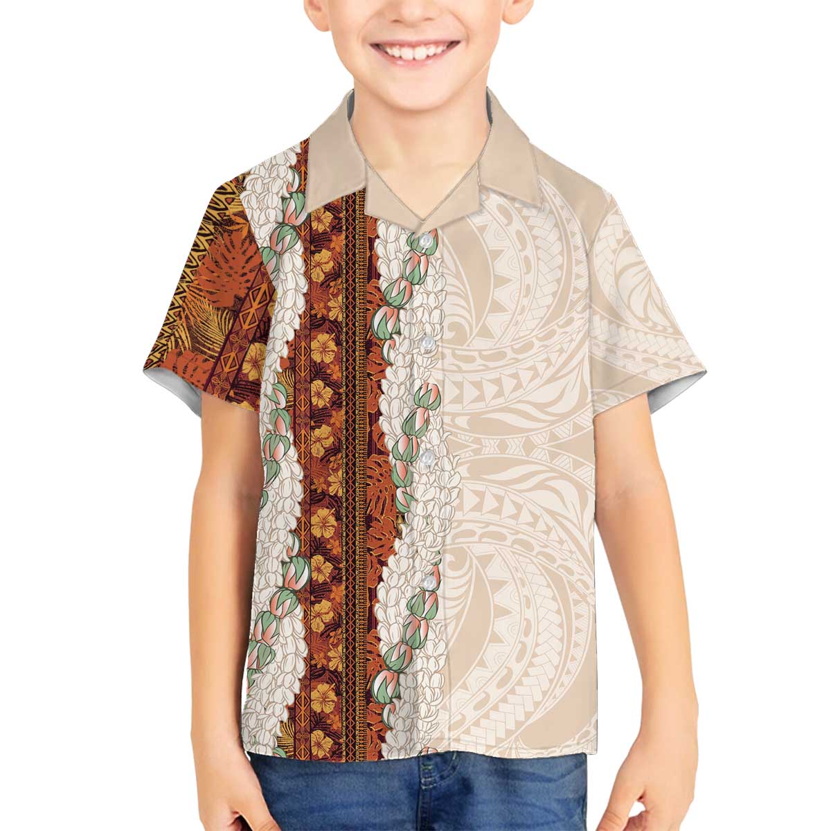 Aloha Hawaii Mikioi Lei Family Matching Off The Shoulder Long Sleeve Dress and Hawaiian Shirt Cattail Red Tropical Flower Pattern - Polynesian Pride