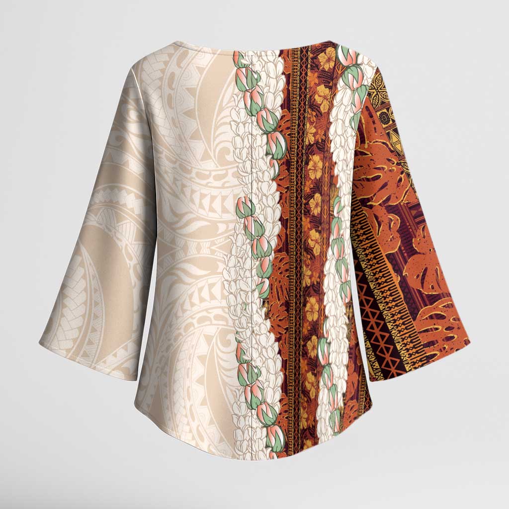 Aloha Hawaii Mikioi Lei Kimono Sleeve Blouse Cattail Red Tropical Flower Pattern - Polynesian Pride