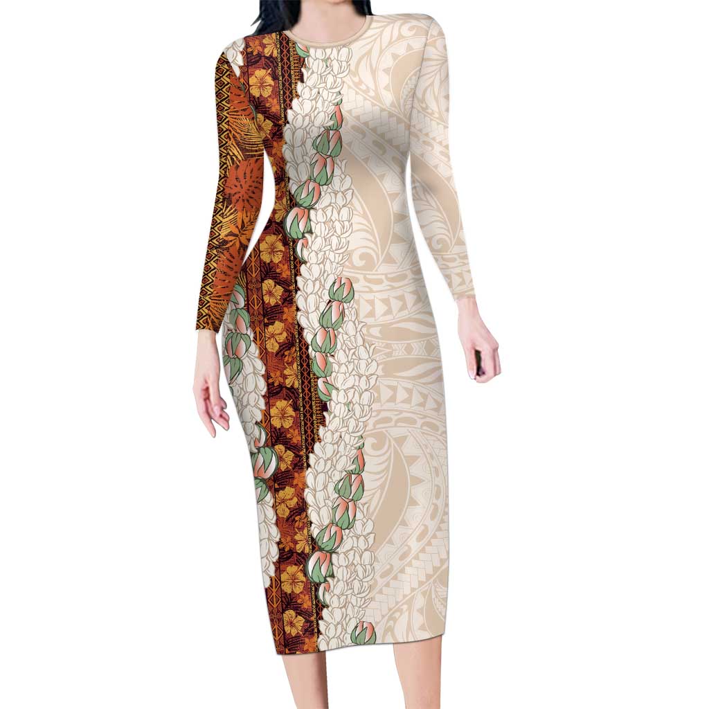 Aloha Hawaii Mikioi Lei Long Sleeve Bodycon Dress Cattail Red Tropical Flower Pattern - Polynesian Pride