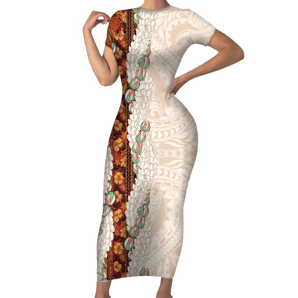 Aloha Hawaii Mikioi Lei Short Sleeve Bodycon Dress Cattail Red Tropical Flower Pattern - Polynesian Pride