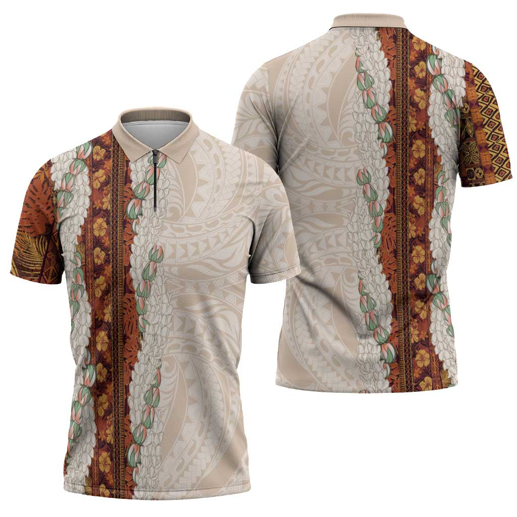 Aloha Hawaii Mikioi Lei Zipper Polo Shirt Cattail Red Tropical Flower Pattern - Polynesian Pride