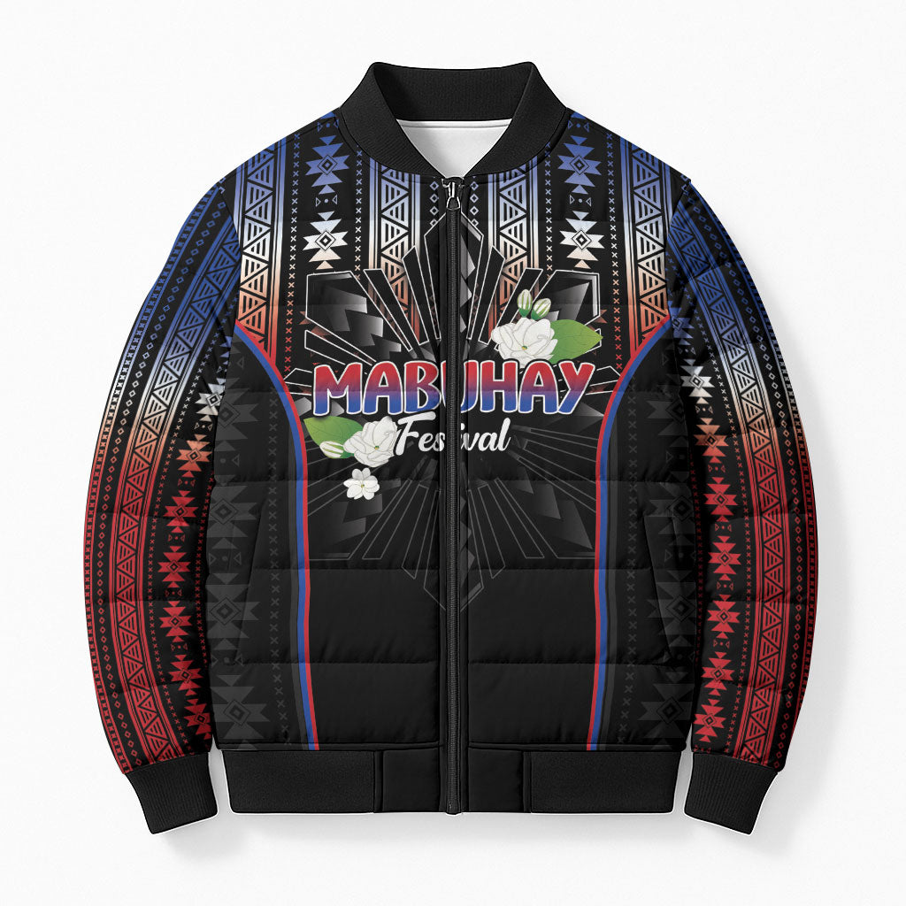 Mabuhay Philippines Festival Bomber Puffer Jacket Filipino Map Sampaguita Igorot Pattern LT14 Unisex Black - Polynesian Pride