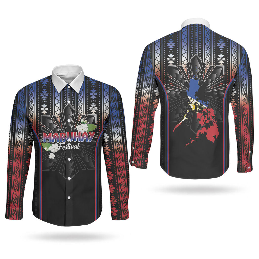 Mabuhay Philippines Festival Couples Matching Long Sleeve Bodycon Dress and Long Sleeve Button Shirt Filipino Map Sampaguita Igorot Pattern LT14 - Polynesian Pride