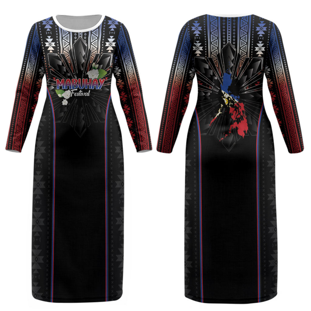 Mabuhay Philippines Festival Couples Matching Long Sleeve Bodycon Dress and Long Sleeve Button Shirt Filipino Map Sampaguita Igorot Pattern LT14 - Polynesian Pride