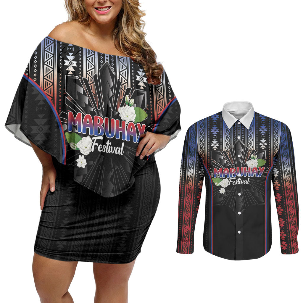 Mabuhay Philippines Festival Couples Matching Off Shoulder Short Dress and Long Sleeve Button Shirt Filipino Map Sampaguita Igorot Pattern LT14 Black - Polynesian Pride