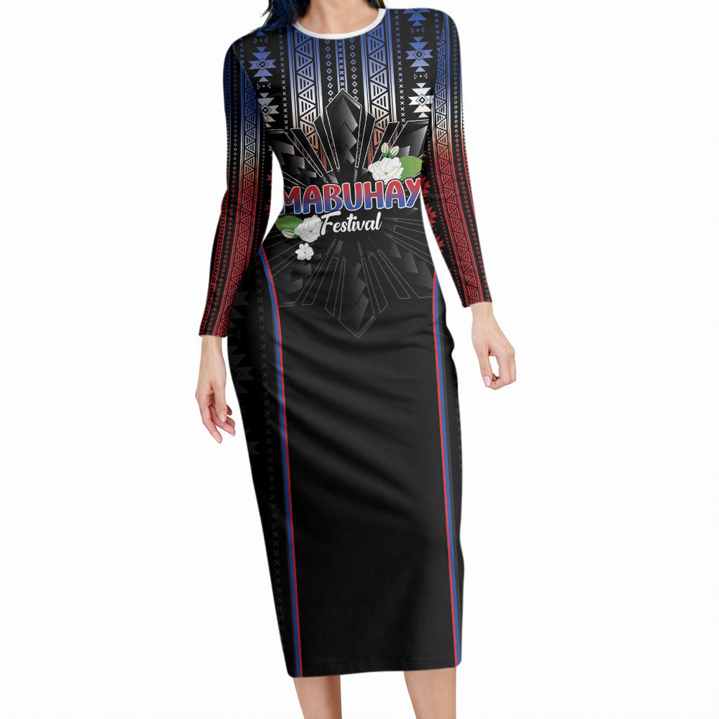Mabuhay Philippines Festival Long Sleeve Bodycon Dress Filipino Map Sampaguita Igorot Pattern LT14 Long Dress Black - Polynesian Pride