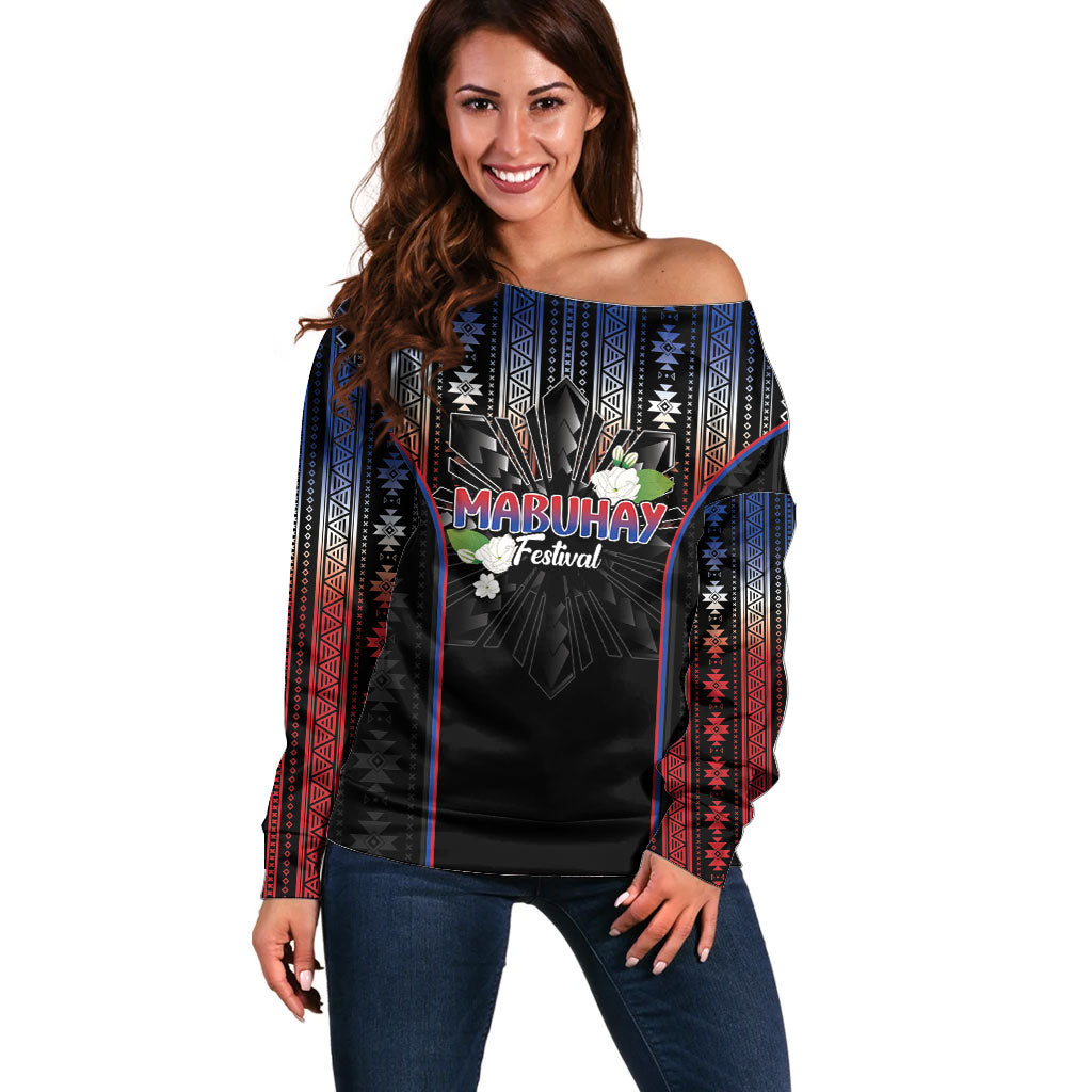 Mabuhay Philippines Festival Off Shoulder Sweater Filipino Map Sampaguita Igorot Pattern LT14 Women Black - Polynesian Pride