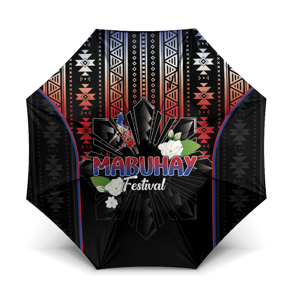 Mabuhay Philippines Festival Umbrella Filipino Map Sampaguita Igorot Pattern LT14 One Size Folded 11.42 inch Opened Diameter 37.4 inch Black - Polynesian Pride