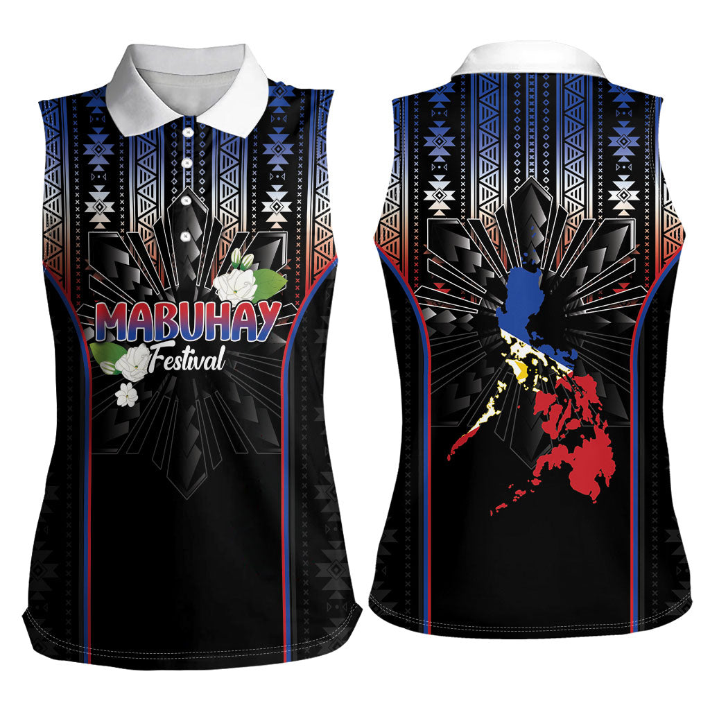 Mabuhay Philippines Festival Women Sleeveless Polo Shirt Filipino Map Sampaguita Igorot Pattern LT14 - Polynesian Pride