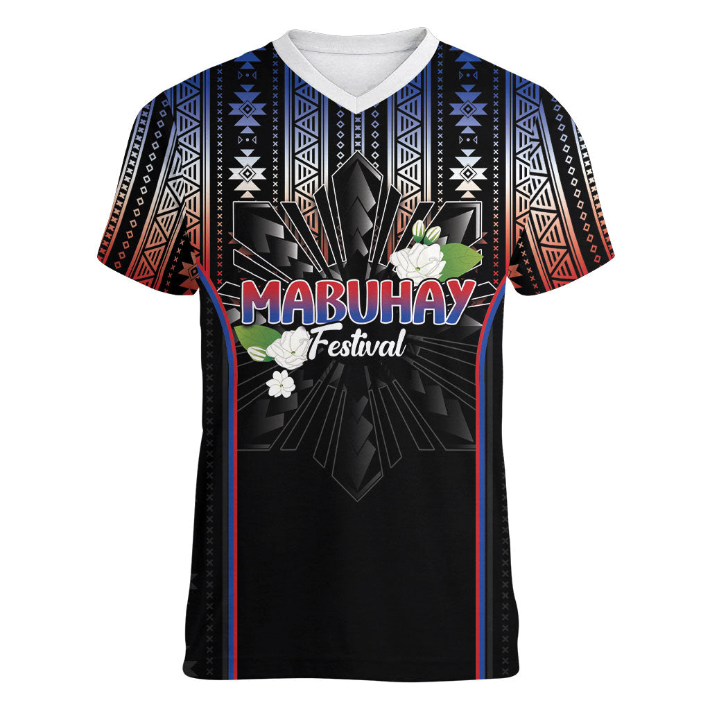 Mabuhay Philippines Festival Women V-Neck T-Shirt Filipino Map Sampaguita Igorot Pattern LT14 Female Black - Polynesian Pride